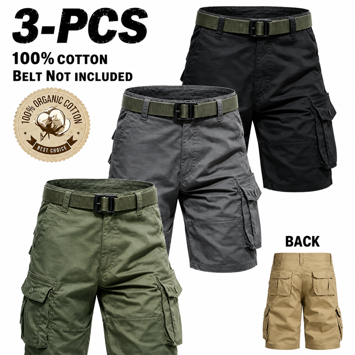 Men's 3-Pack Cotton Cargo Shorts – Multi-Pocket Outdoor Work Shorts