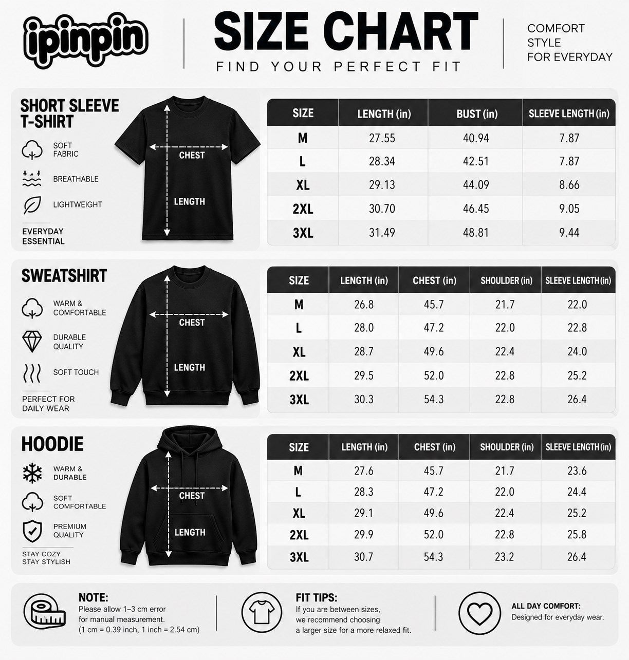 IPINPIN short sleeve T-shirt, sweatshirt and hoodie size chart